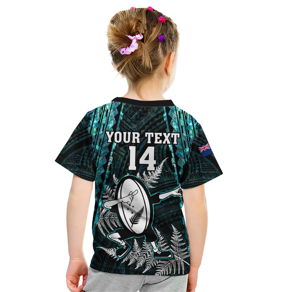 Custom New Zealand Silver Fern Rugby Kid T Shirt Aotearoa All Black Dabbing Ball With Maori Paua Shell - Vibe Hoodie Shop