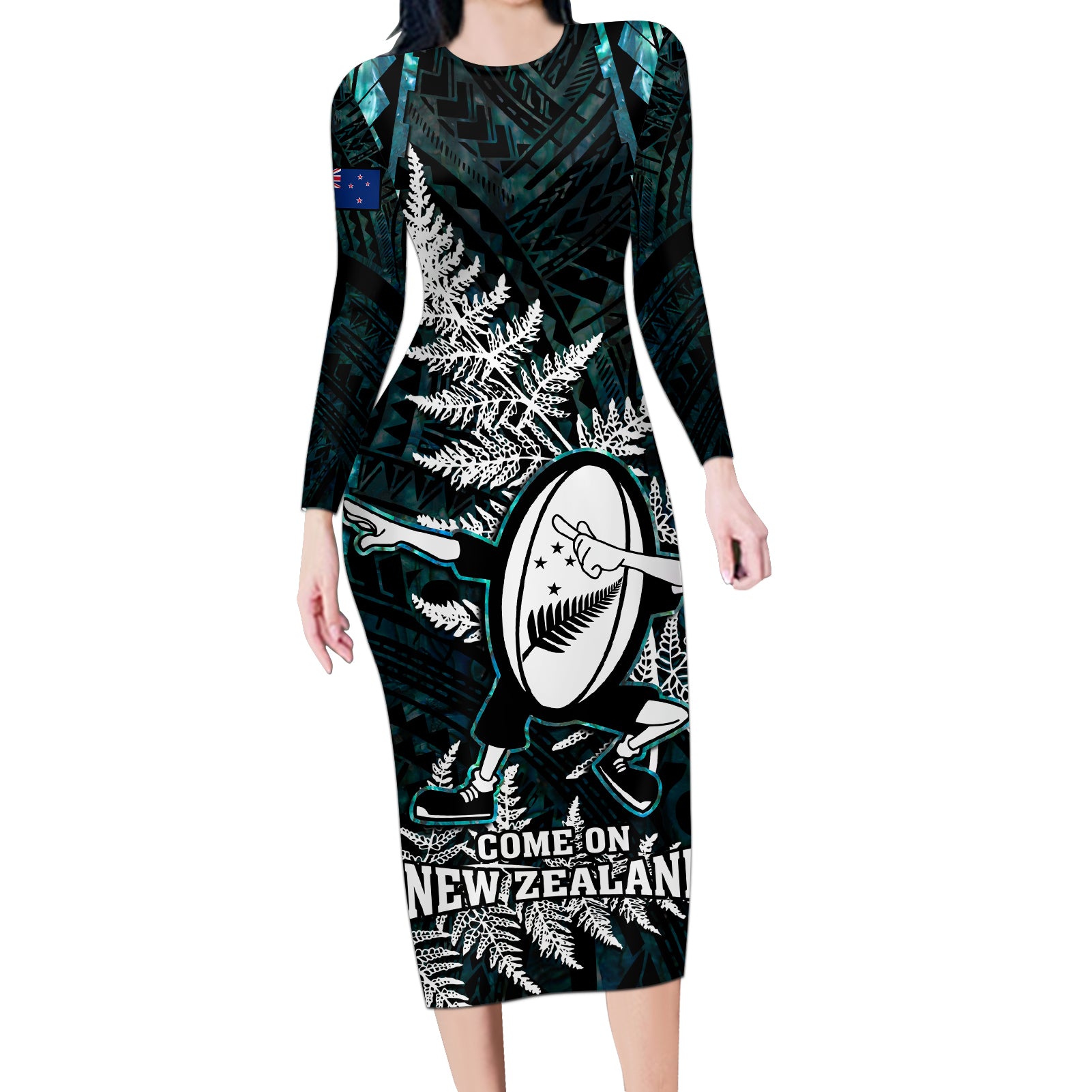 custom-new-zealand-silver-fern-rugby-long-sleeve-bodycon-dress-aotearoa-all-black-dabbing-ball-with-maori-paua-shell