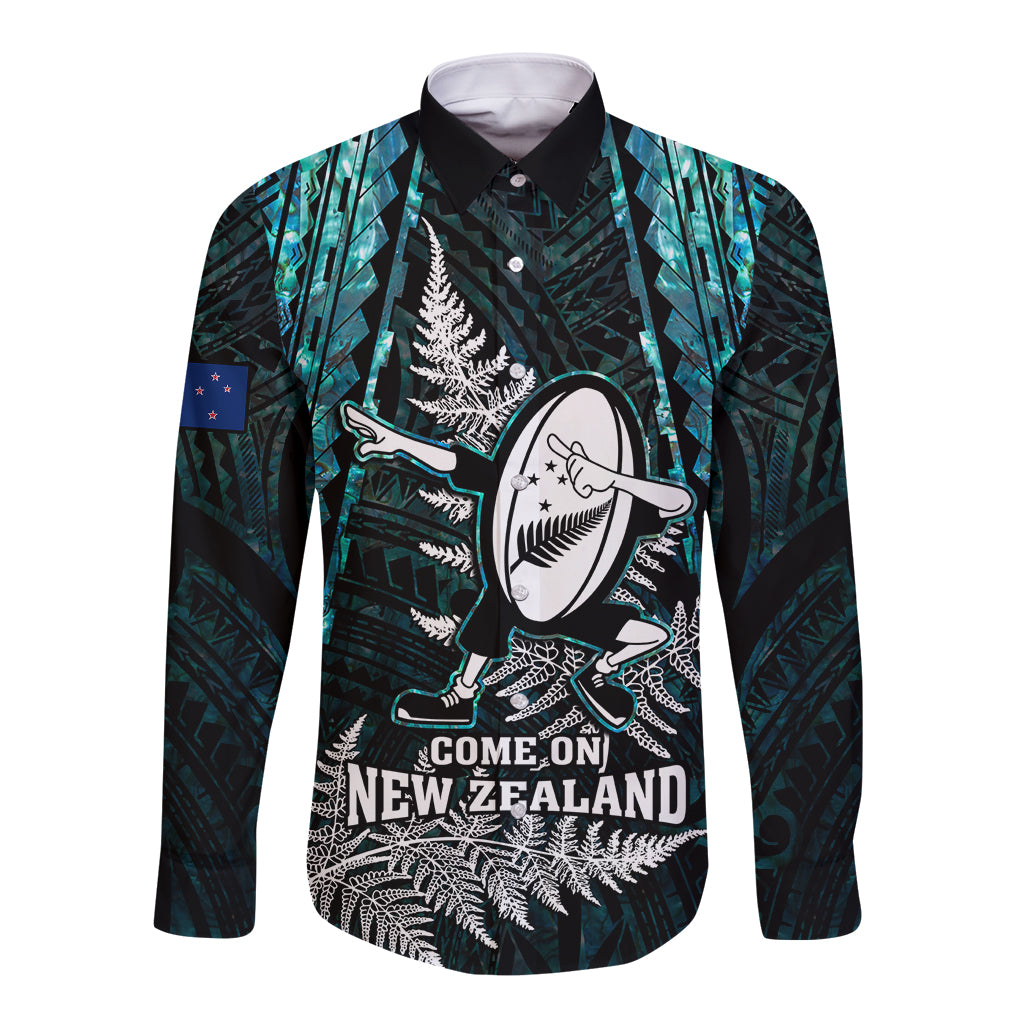 Custom New Zealand Silver Fern Rugby Long Sleeve Button Shirt Aotearoa All Black Dabbing Ball With Maori Paua Shell - Vibe Hoodie Shop