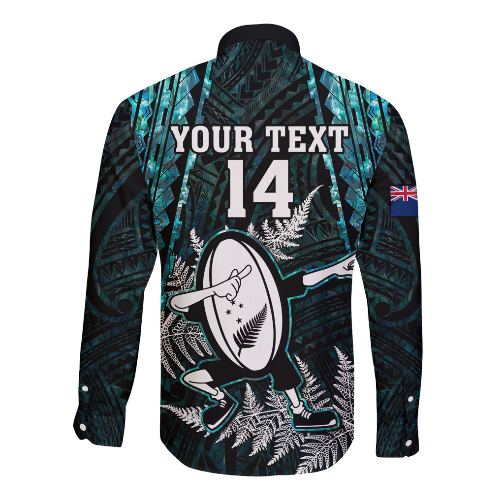 Custom New Zealand Silver Fern Rugby Long Sleeve Button Shirt Aotearoa All Black Dabbing Ball With Maori Paua Shell - Vibe Hoodie Shop