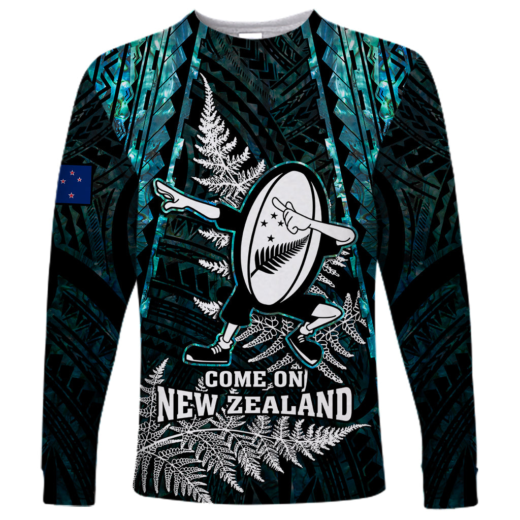 Custom New Zealand Silver Fern Rugby Long Sleeve Shirt Aotearoa All Black Dabbing Ball With Maori Paua Shell - Vibe Hoodie Shop