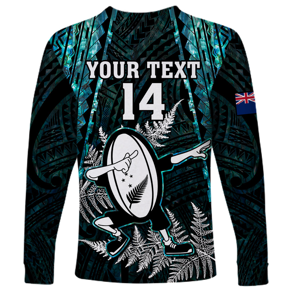 Custom New Zealand Silver Fern Rugby Long Sleeve Shirt Aotearoa All Black Dabbing Ball With Maori Paua Shell - Vibe Hoodie Shop