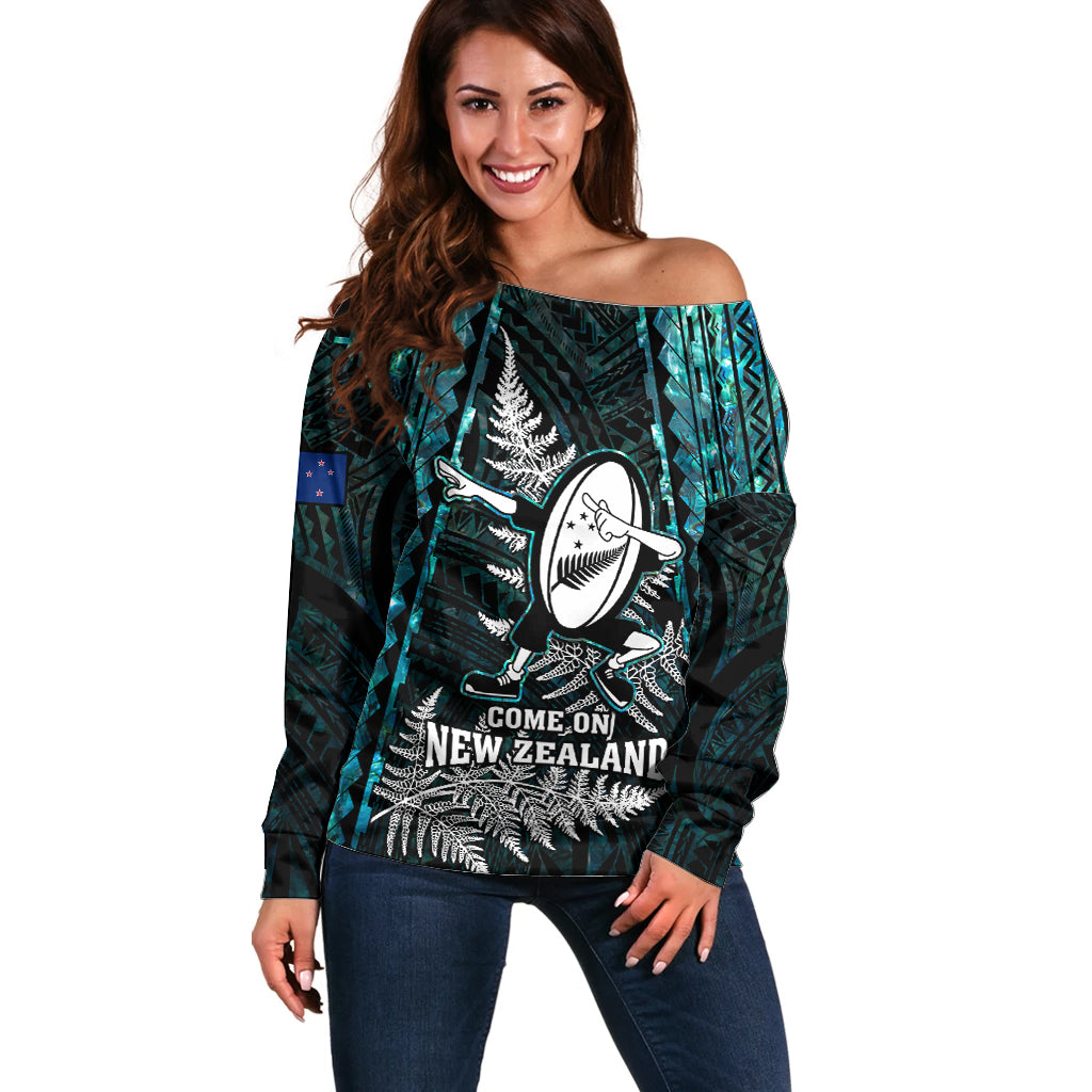 Custom New Zealand Silver Fern Rugby Off Shoulder Sweater Aotearoa All Black Dabbing Ball With Maori Paua Shell - Vibe Hoodie Shop