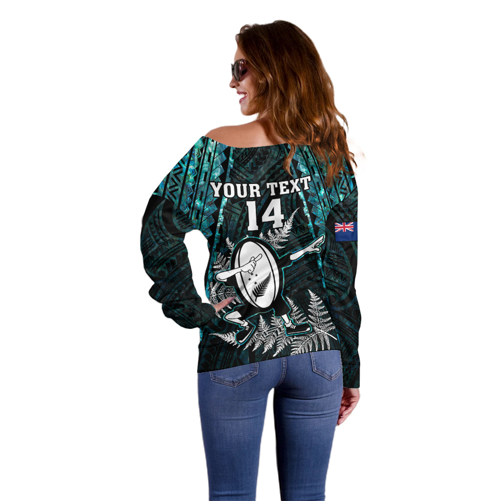 Custom New Zealand Silver Fern Rugby Off Shoulder Sweater Aotearoa All Black Dabbing Ball With Maori Paua Shell - Vibe Hoodie Shop