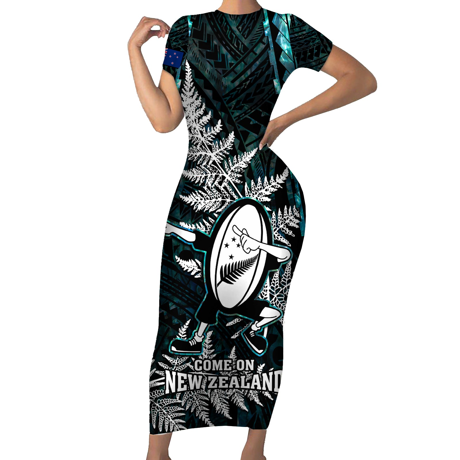 custom-new-zealand-silver-fern-rugby-short-sleeve-bodycon-dress-aotearoa-all-black-dabbing-ball-with-maori-paua-shell