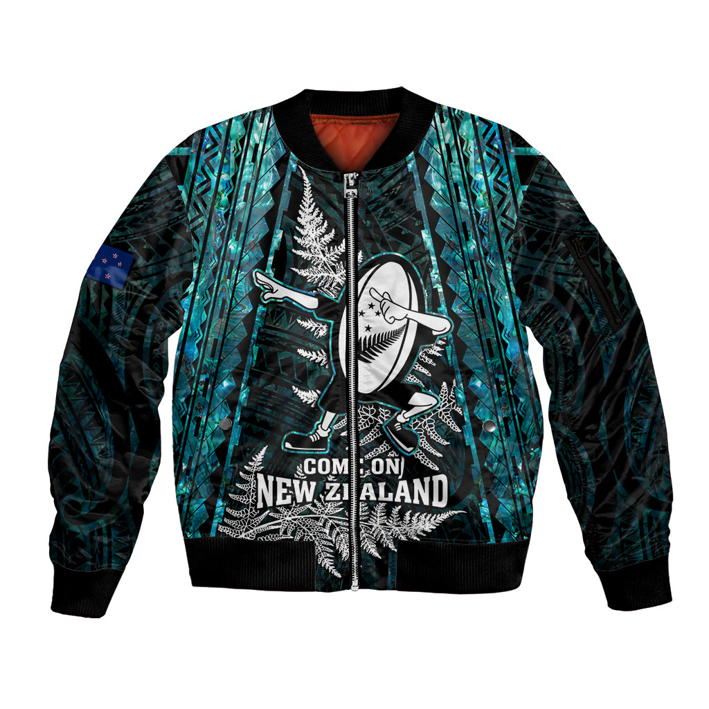 custom-new-zealand-silver-fern-rugby-sleeve-zip-bomber-jacket-aotearoa-all-black-dabbing-ball-with-maori-paua-shell