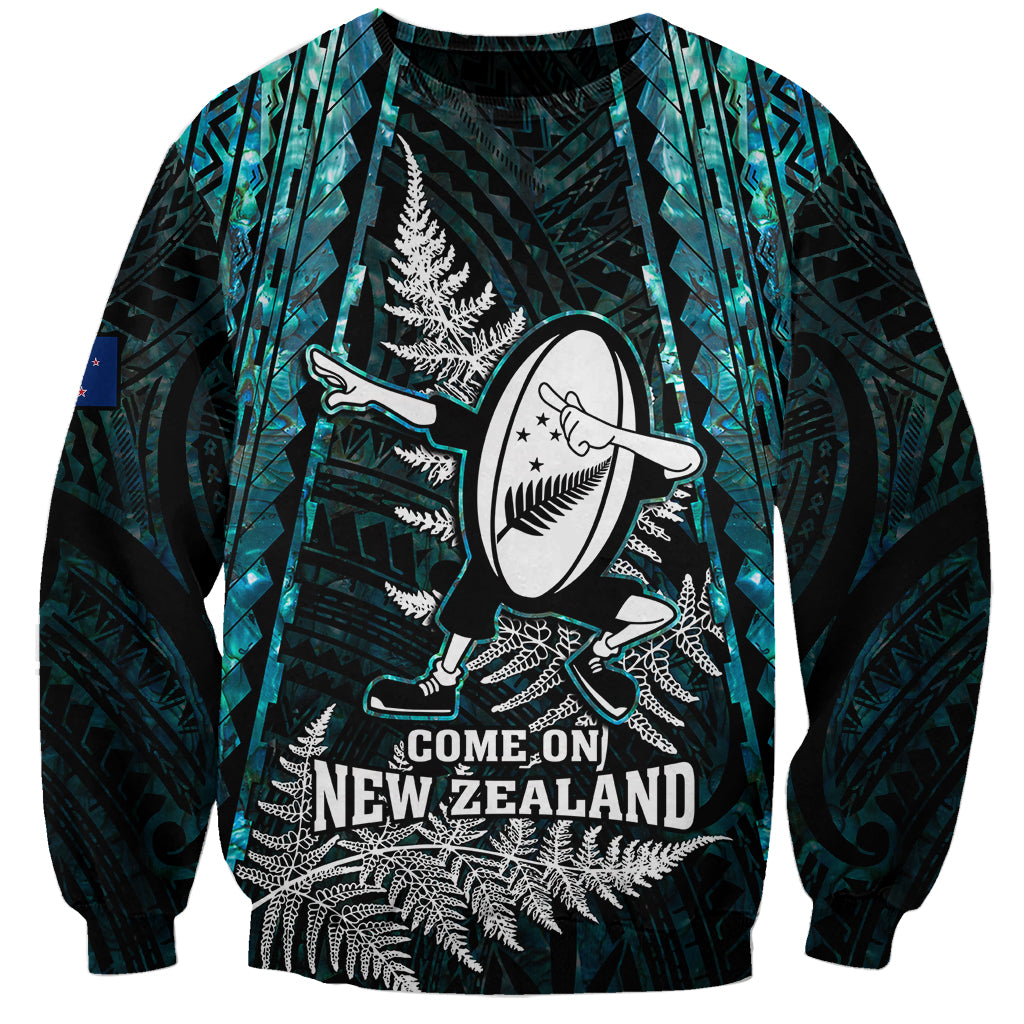 Custom New Zealand Silver Fern Rugby Sweatshirt Aotearoa All Black Dabbing Ball With Maori Paua Shell - Vibe Hoodie Shop