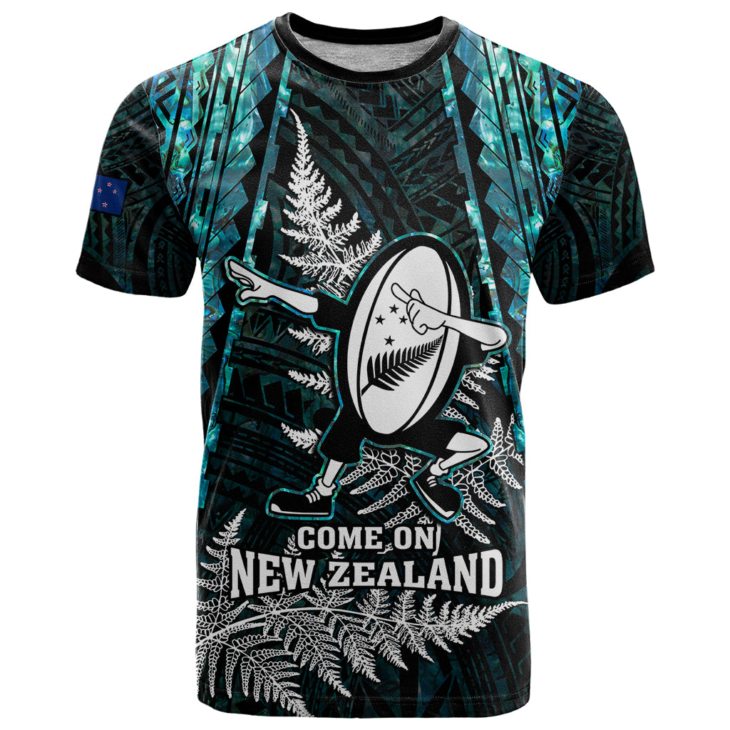 Custom New Zealand Silver Fern Rugby T Shirt Aotearoa All Black Dabbing Ball With Maori Paua Shell - Vibe Hoodie Shop