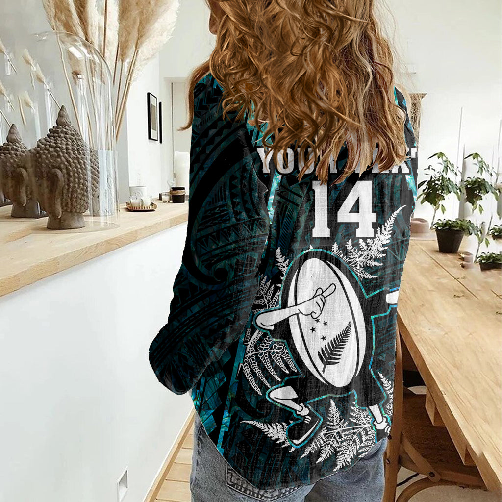 Custom New Zealand Silver Fern Rugby Women Casual Shirt Aotearoa All Black Dabbing Ball With Maori Paua Shell - Vibe Hoodie Shop