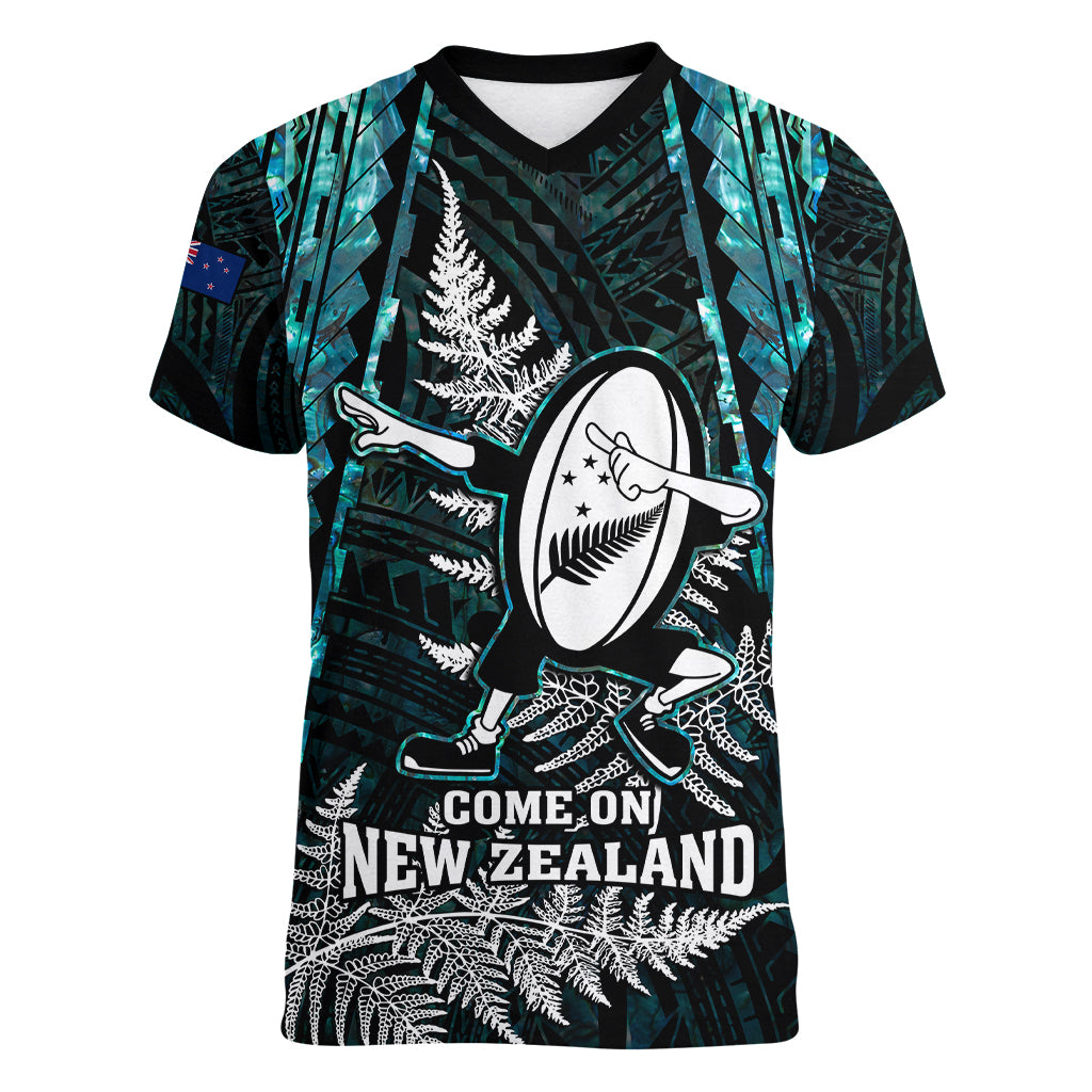 Custom New Zealand Silver Fern Rugby Women V Neck T Shirt Aotearoa All Black Dabbing Ball With Maori Paua Shell - Vibe Hoodie Shop