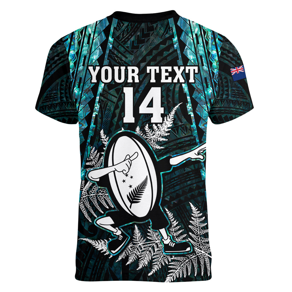 Custom New Zealand Silver Fern Rugby Women V Neck T Shirt Aotearoa All Black Dabbing Ball With Maori Paua Shell - Vibe Hoodie Shop