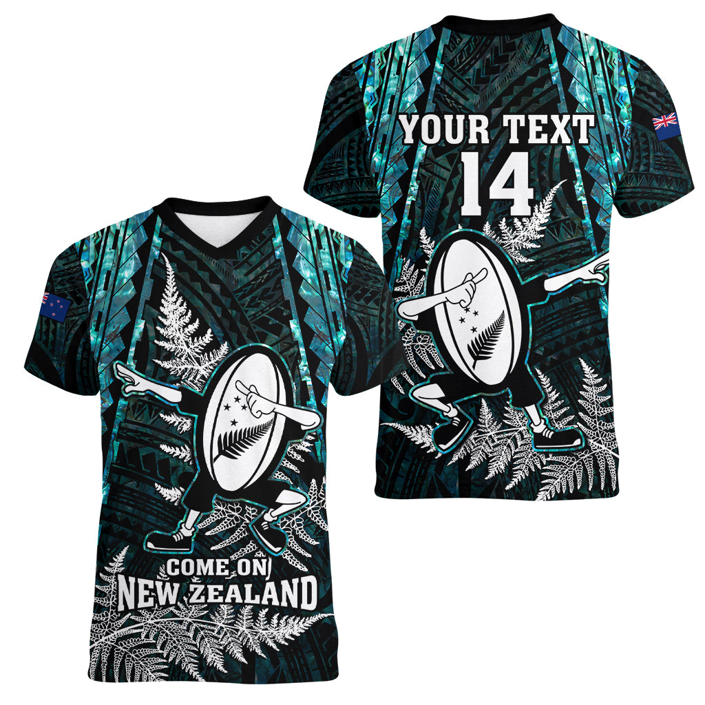 Custom New Zealand Silver Fern Rugby Women V Neck T Shirt Aotearoa All Black Dabbing Ball With Maori Paua Shell - Vibe Hoodie Shop