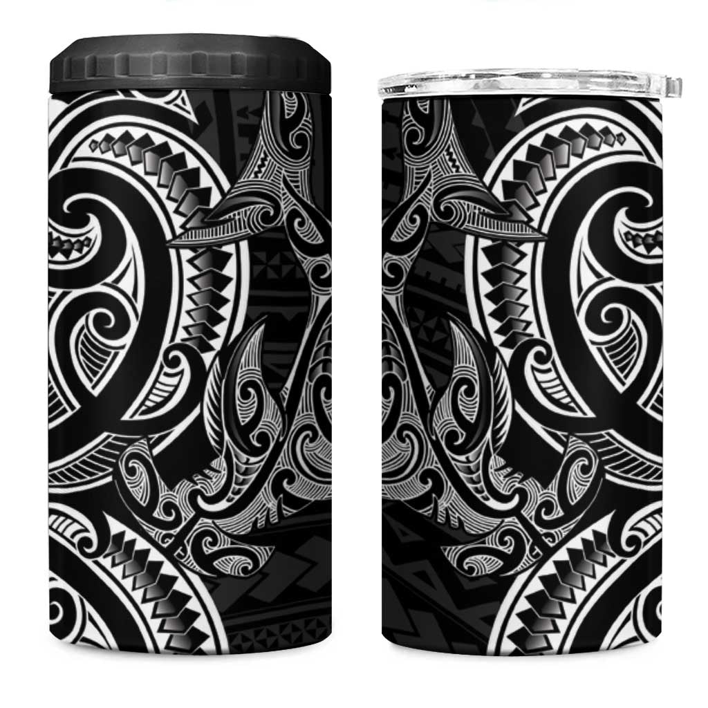 New Zealand Hammerhead Shark 4 in 1 Can Cooler Tumbler Maori Haehae Mangopare Black - Vibe Hoodie
