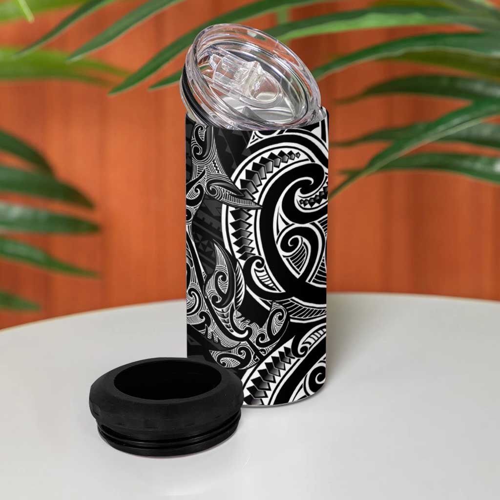 New Zealand Hammerhead Shark 4 in 1 Can Cooler Tumbler Maori Haehae Mangopare Black - Vibe Hoodie