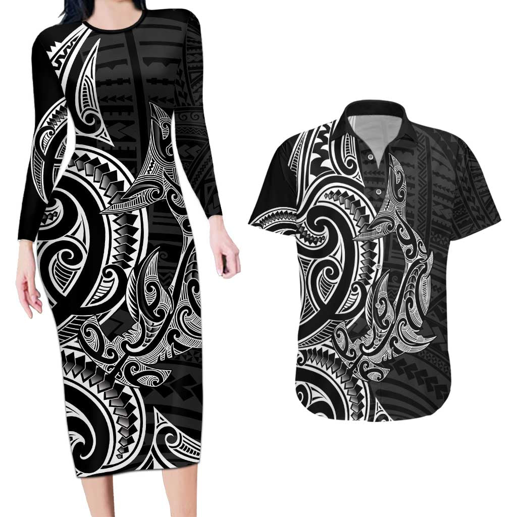 New Zealand Hammerhead Shark Couples Matching Long Sleeve Bodycon Dress and Hawaiian Shirt Maori Haehae Mangopare Black - Vibe Hoodie