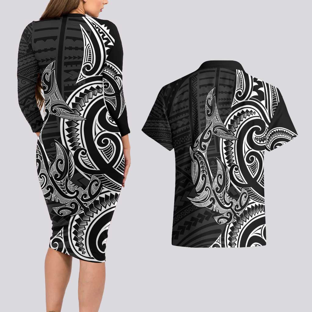 New Zealand Hammerhead Shark Couples Matching Long Sleeve Bodycon Dress and Hawaiian Shirt Maori Haehae Mangopare Black - Vibe Hoodie