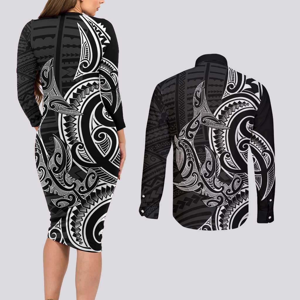 New Zealand Hammerhead Shark Couples Matching Long Sleeve Bodycon Dress and Long Sleeve Button Shirt Maori Haehae Mangopare Black - Vibe Hoodie