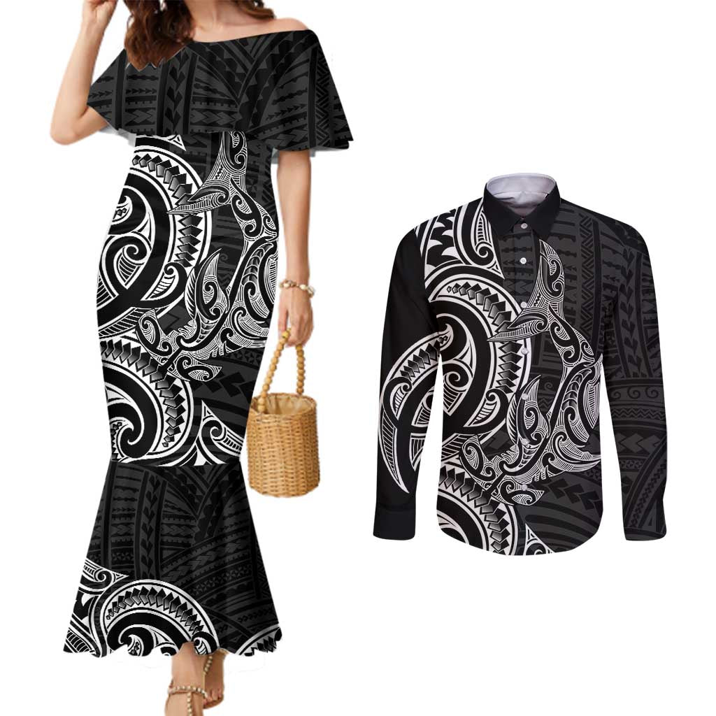 New Zealand Hammerhead Shark Couples Matching Mermaid Dress and Long Sleeve Button Shirt Maori Haehae Mangopare Black - Vibe Hoodie