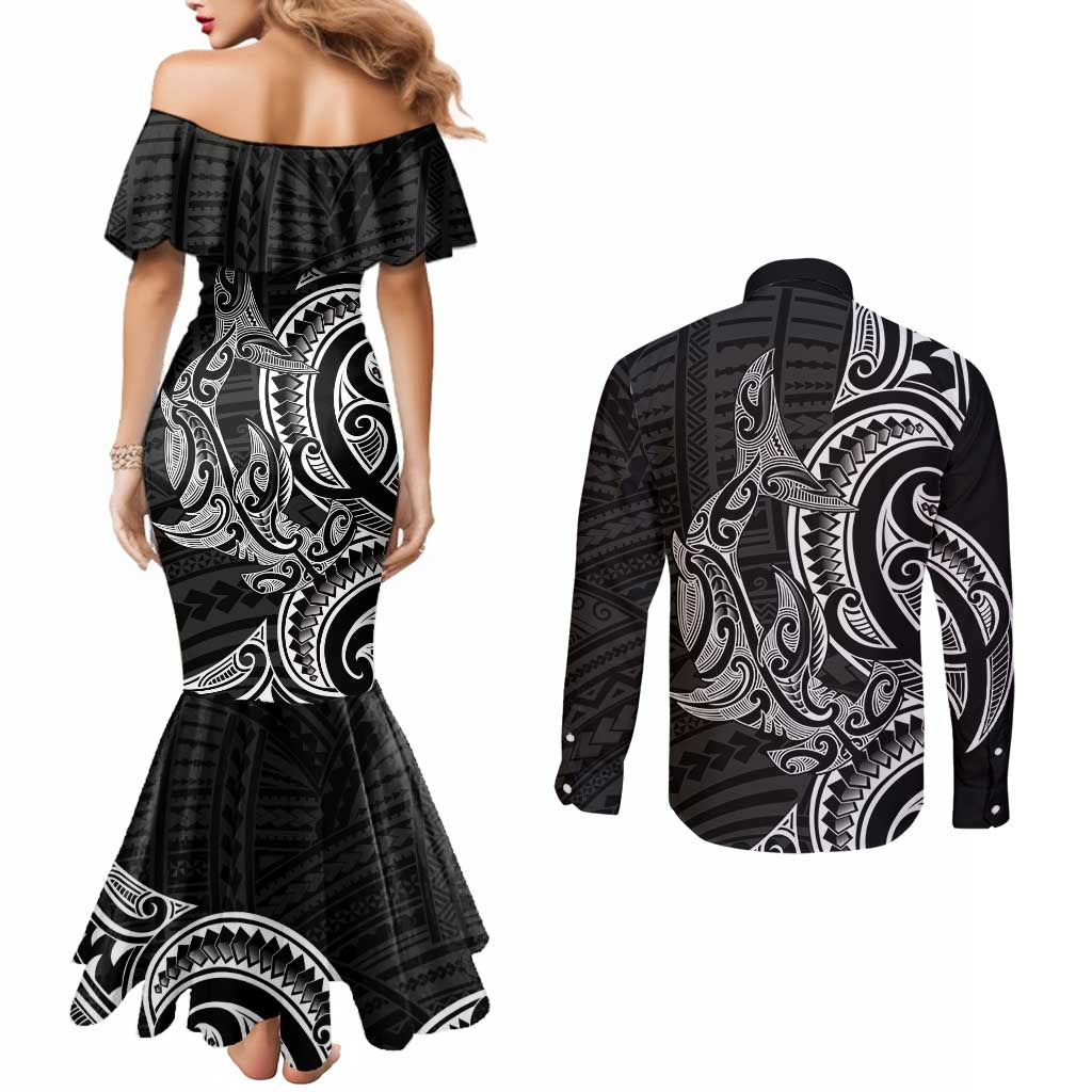 New Zealand Hammerhead Shark Couples Matching Mermaid Dress and Long Sleeve Button Shirt Maori Haehae Mangopare Black - Vibe Hoodie