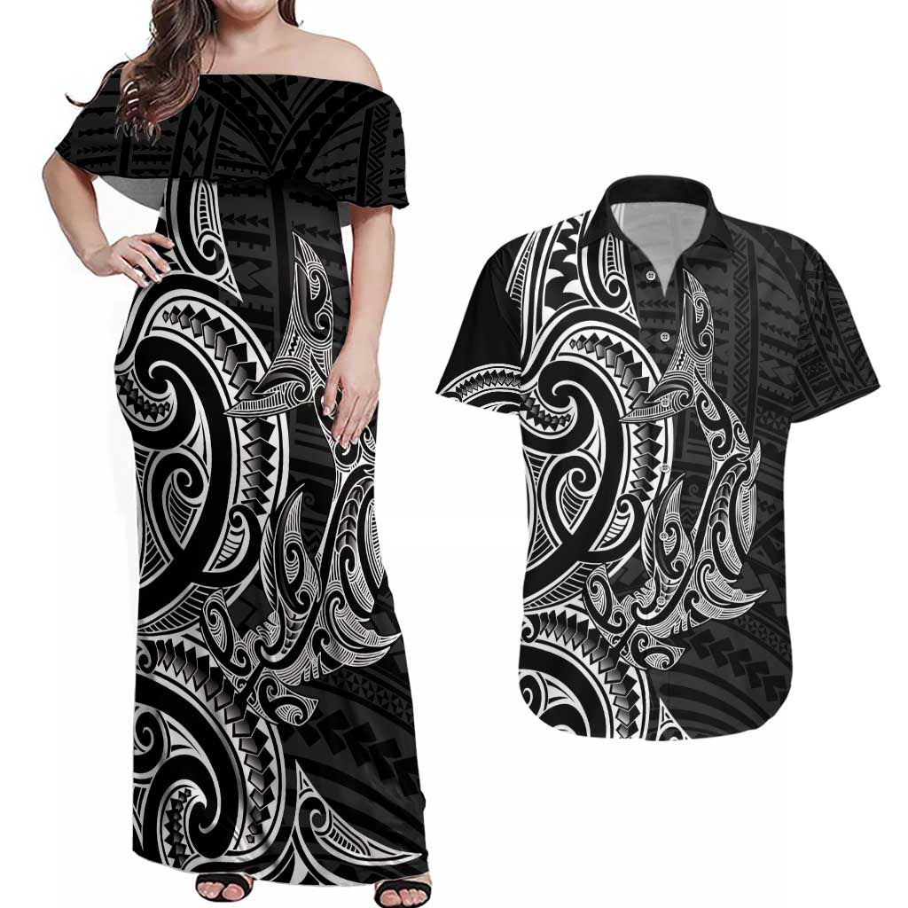 New Zealand Hammerhead Shark Couples Matching Off Shoulder Maxi Dress and Hawaiian Shirt Maori Haehae Mangopare Black - Vibe Hoodie