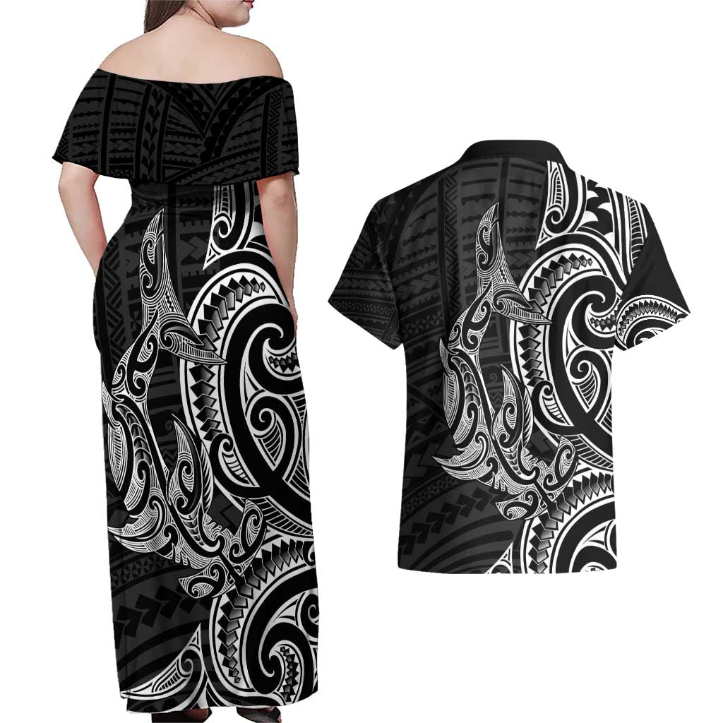 New Zealand Hammerhead Shark Couples Matching Off Shoulder Maxi Dress and Hawaiian Shirt Maori Haehae Mangopare Black - Vibe Hoodie