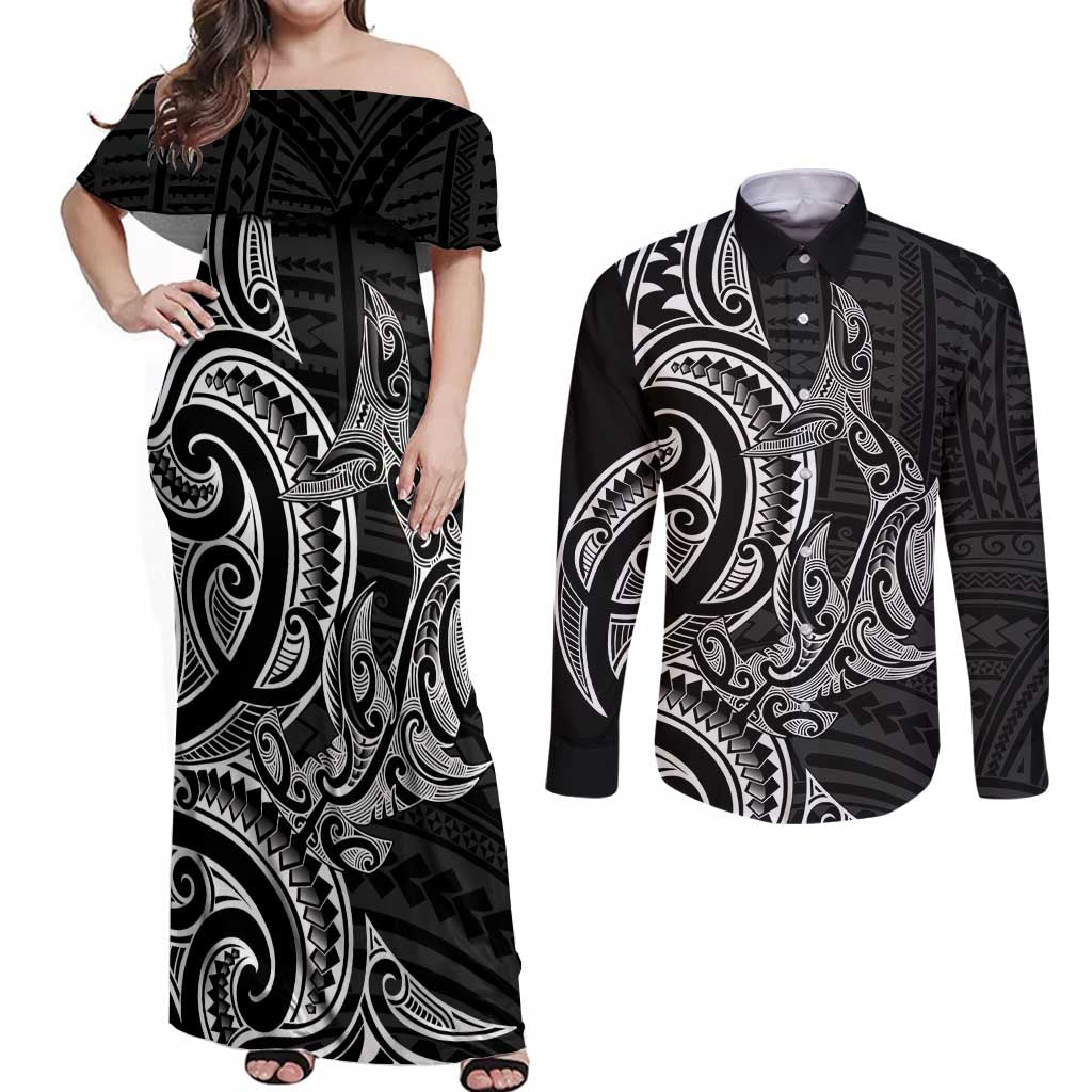 New Zealand Hammerhead Shark Couples Matching Off Shoulder Maxi Dress and Long Sleeve Button Shirt Maori Haehae Mangopare Black - Vibe Hoodie