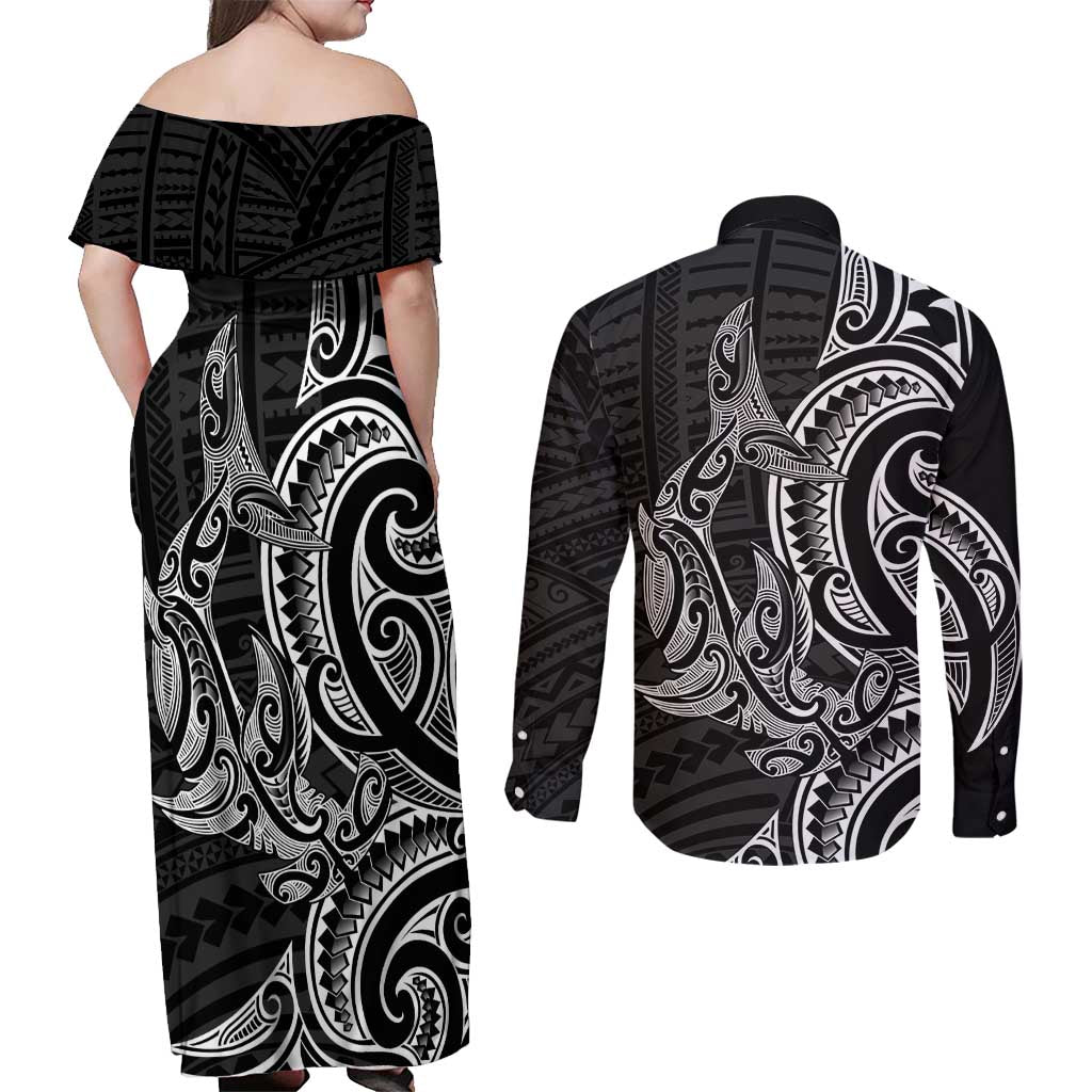 New Zealand Hammerhead Shark Couples Matching Off Shoulder Maxi Dress and Long Sleeve Button Shirt Maori Haehae Mangopare Black - Vibe Hoodie