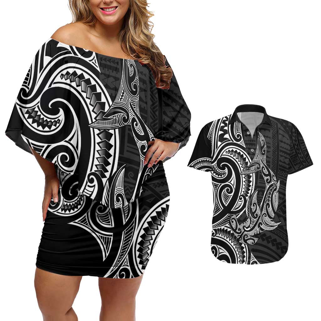 New Zealand Hammerhead Shark Couples Matching Off Shoulder Short Dress and Hawaiian Shirt Maori Haehae Mangopare Black - Vibe Hoodie