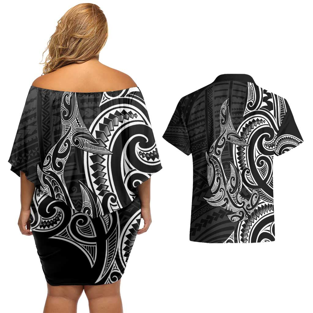 New Zealand Hammerhead Shark Couples Matching Off Shoulder Short Dress and Hawaiian Shirt Maori Haehae Mangopare Black - Vibe Hoodie