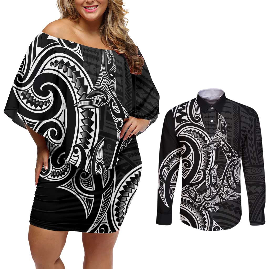 New Zealand Hammerhead Shark Couples Matching Off Shoulder Short Dress and Long Sleeve Button Shirt Maori Haehae Mangopare Black - Vibe Hoodie
