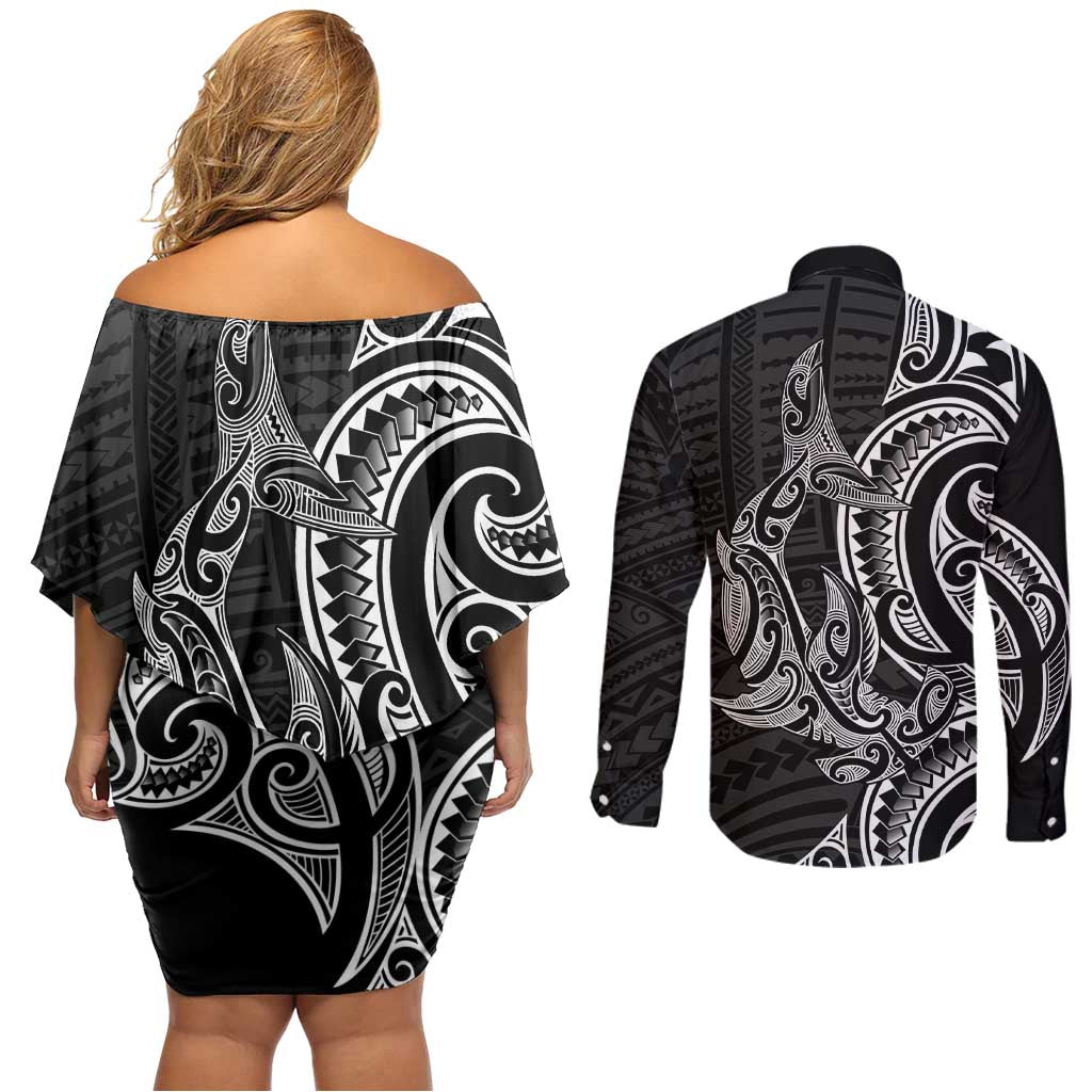 New Zealand Hammerhead Shark Couples Matching Off Shoulder Short Dress and Long Sleeve Button Shirt Maori Haehae Mangopare Black - Vibe Hoodie