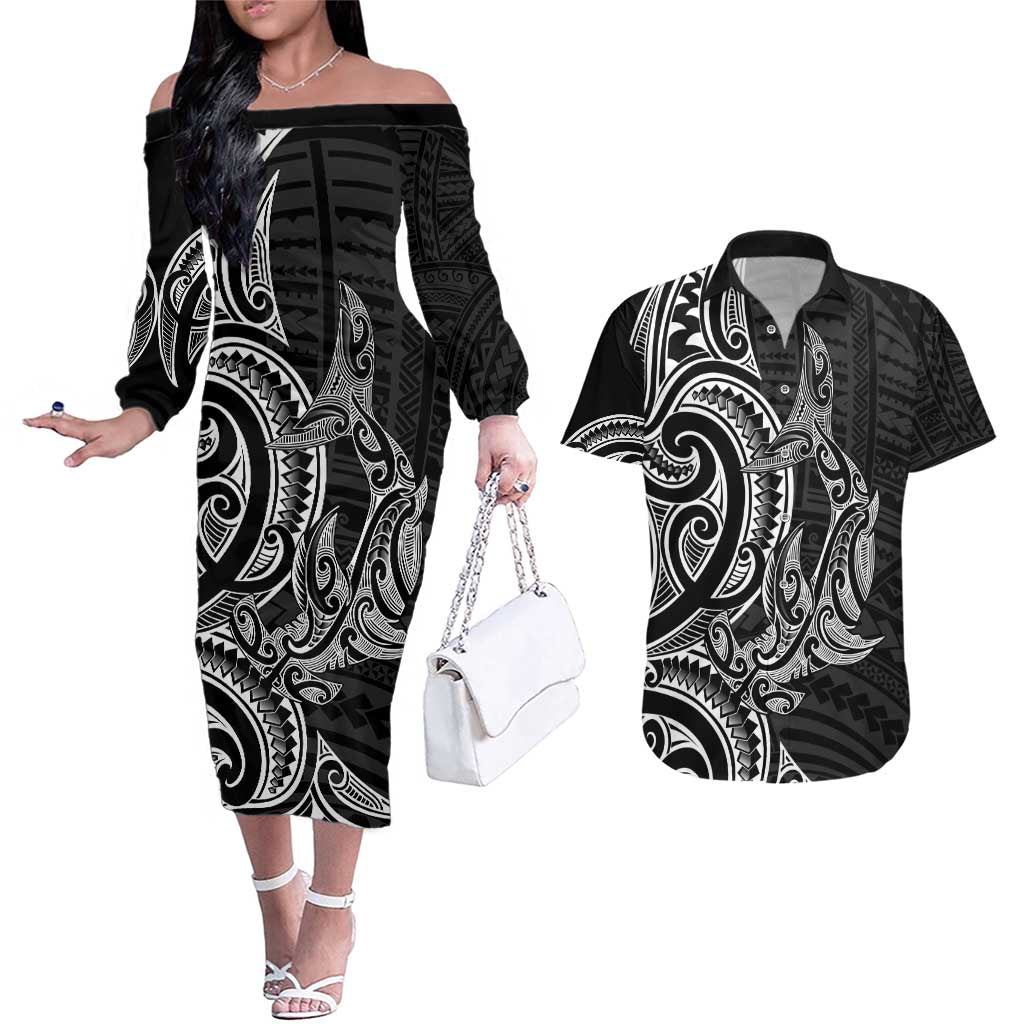 New Zealand Hammerhead Shark Couples Matching Off The Shoulder Long Sleeve Dress and Hawaiian Shirt Maori Haehae Mangopare Black - Vibe Hoodie