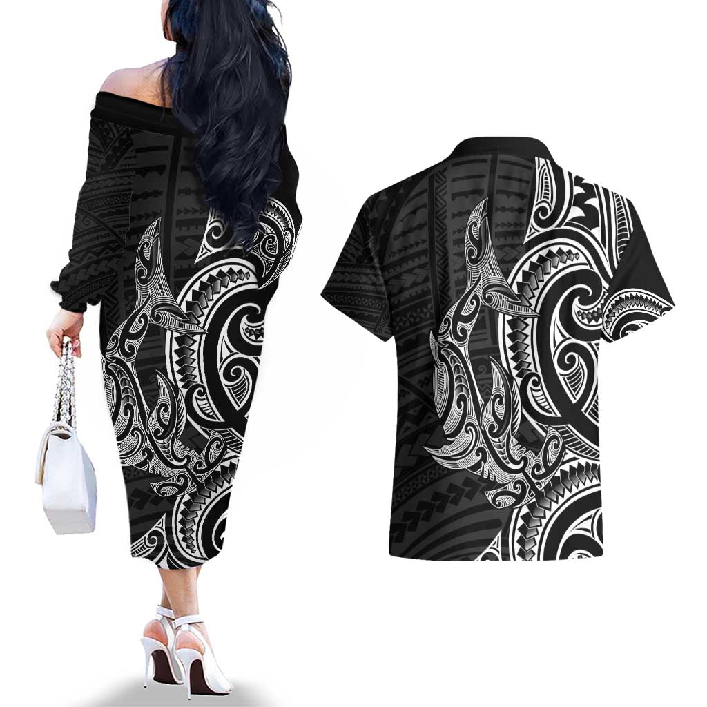 New Zealand Hammerhead Shark Couples Matching Off The Shoulder Long Sleeve Dress and Hawaiian Shirt Maori Haehae Mangopare Black - Vibe Hoodie