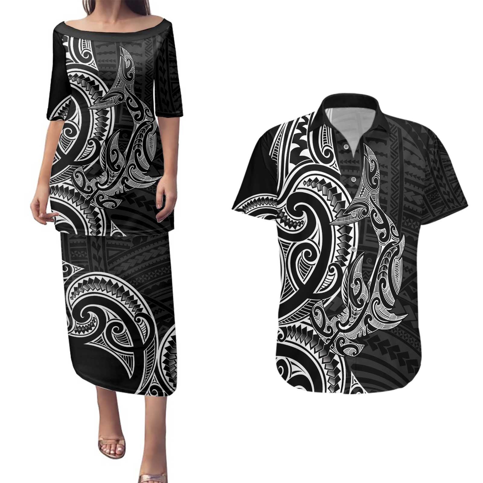 New Zealand Hammerhead Shark Couples Matching Puletasi and Hawaiian Shirt Maori Haehae Mangopare Black - Vibe Hoodie