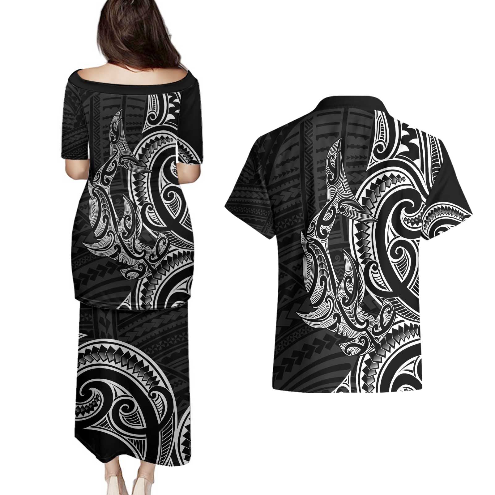 New Zealand Hammerhead Shark Couples Matching Puletasi and Hawaiian Shirt Maori Haehae Mangopare Black - Vibe Hoodie