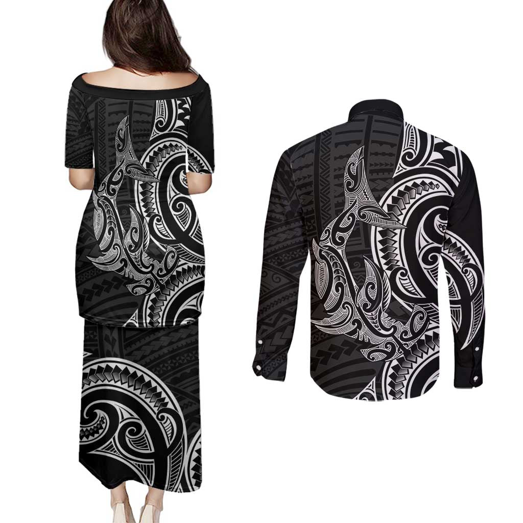 New Zealand Hammerhead Shark Couples Matching Puletasi and Long Sleeve Button Shirt Maori Haehae Mangopare Black - Vibe Hoodie