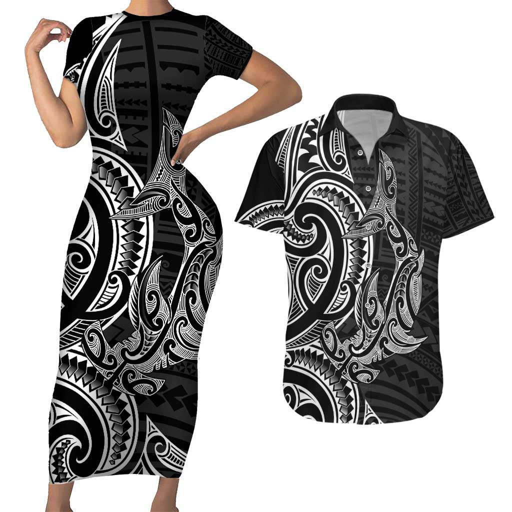 New Zealand Hammerhead Shark Couples Matching Short Sleeve Bodycon Dress and Hawaiian Shirt Maori Haehae Mangopare Black - Vibe Hoodie