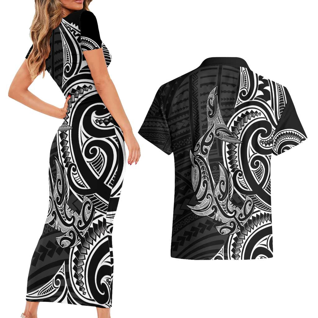 New Zealand Hammerhead Shark Couples Matching Short Sleeve Bodycon Dress and Hawaiian Shirt Maori Haehae Mangopare Black - Vibe Hoodie