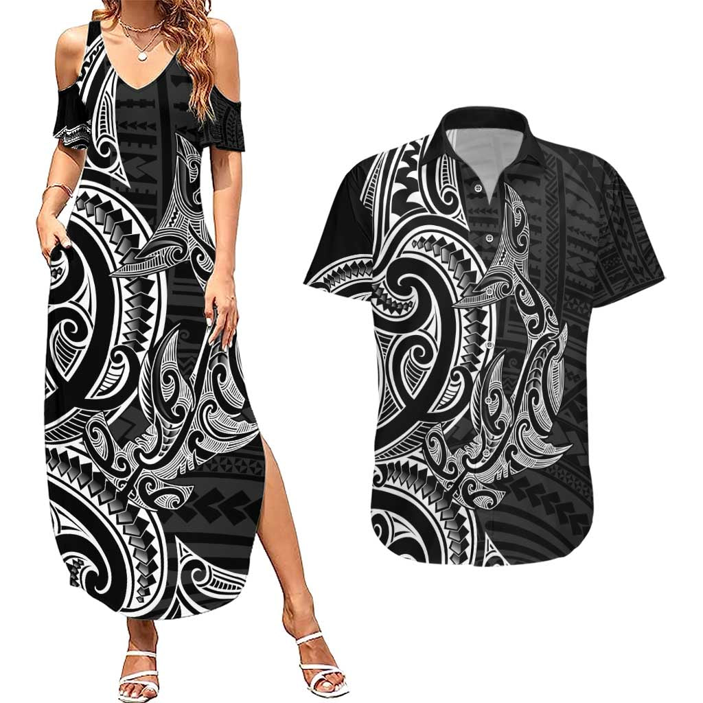 New Zealand Hammerhead Shark Couples Matching Summer Maxi Dress and Hawaiian Shirt Maori Haehae Mangopare Black - Vibe Hoodie