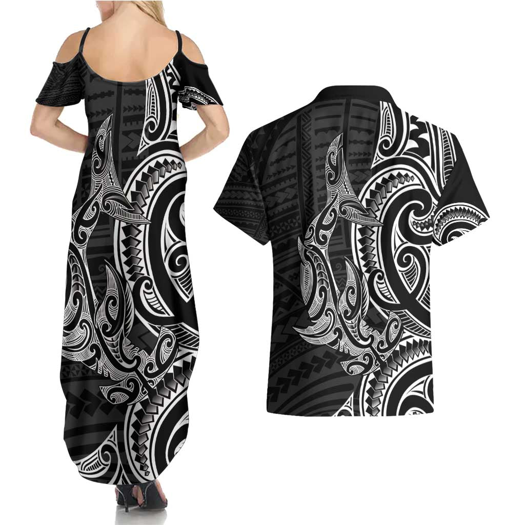 New Zealand Hammerhead Shark Couples Matching Summer Maxi Dress and Hawaiian Shirt Maori Haehae Mangopare Black - Vibe Hoodie