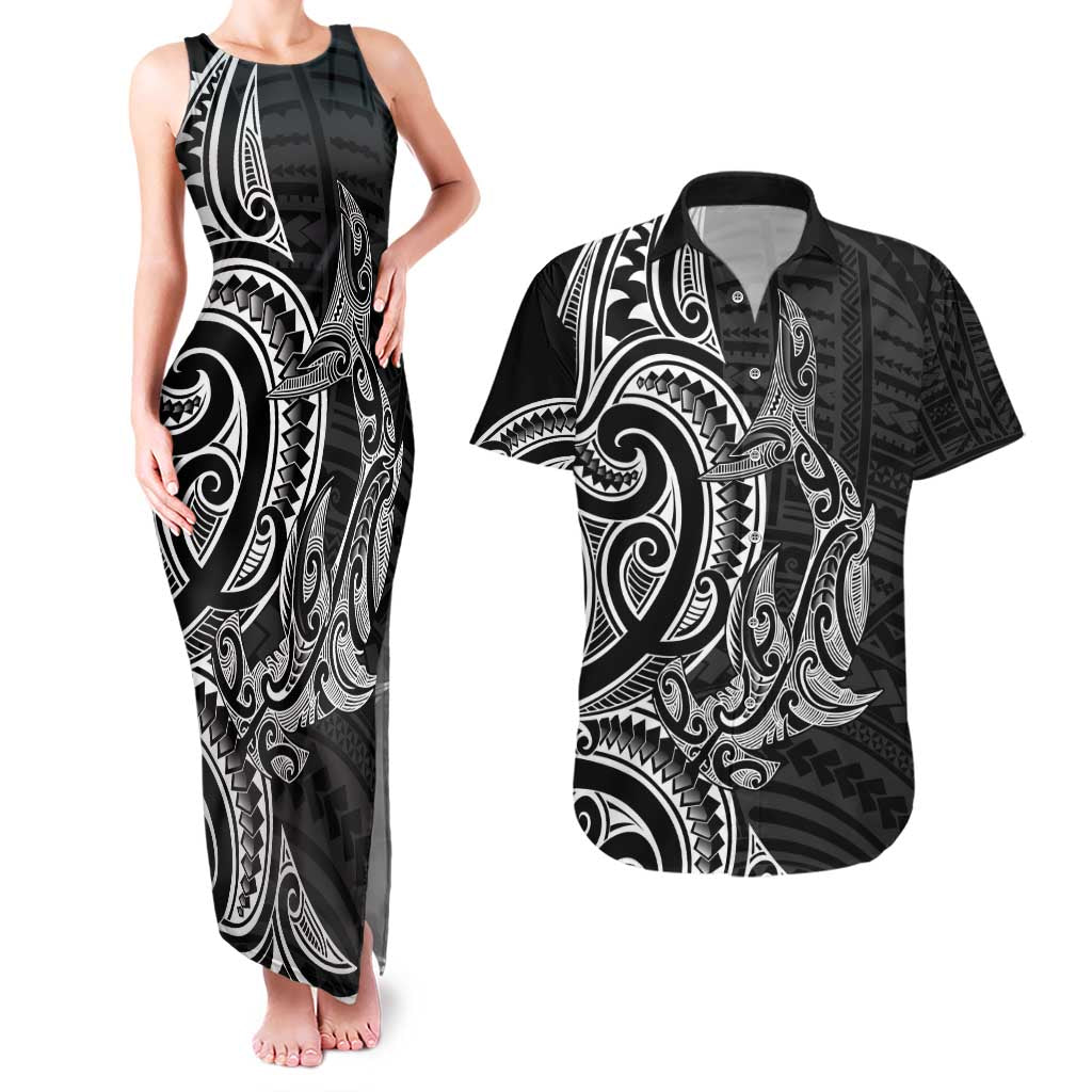 New Zealand Hammerhead Shark Couples Matching Tank Maxi Dress and Hawaiian Shirt Maori Haehae Mangopare Black - Vibe Hoodie