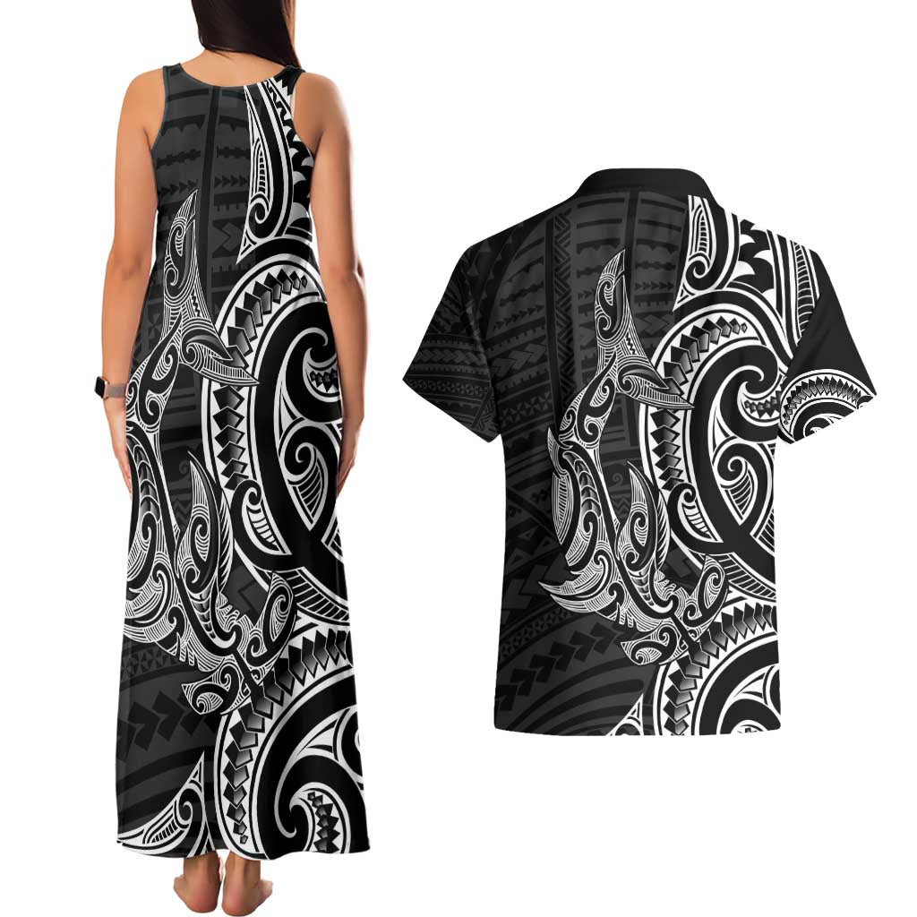 New Zealand Hammerhead Shark Couples Matching Tank Maxi Dress and Hawaiian Shirt Maori Haehae Mangopare Black - Vibe Hoodie