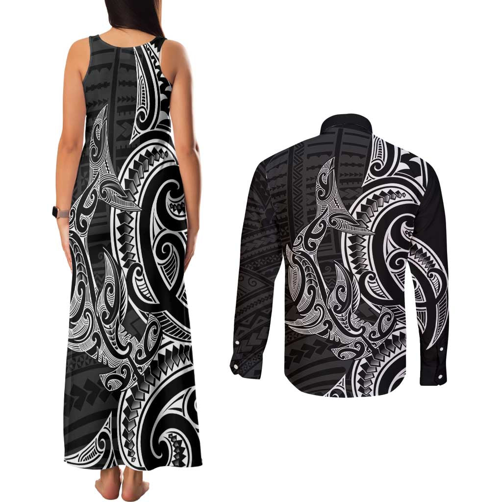 New Zealand Hammerhead Shark Couples Matching Tank Maxi Dress and Long Sleeve Button Shirt Maori Haehae Mangopare Black - Vibe Hoodie