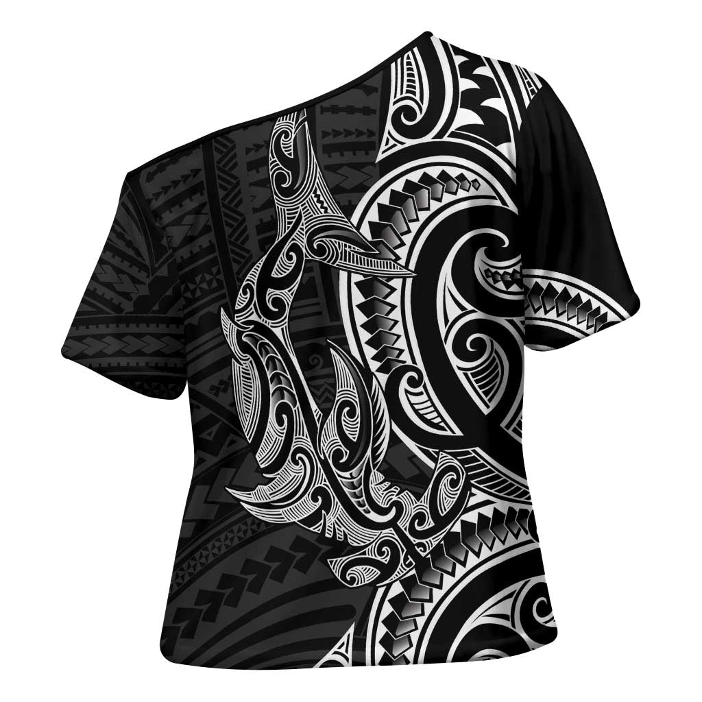 New Zealand Hammerhead Shark Cross Shoulder Shirt Maori Haehae Mangopare Black - Vibe Hoodie
