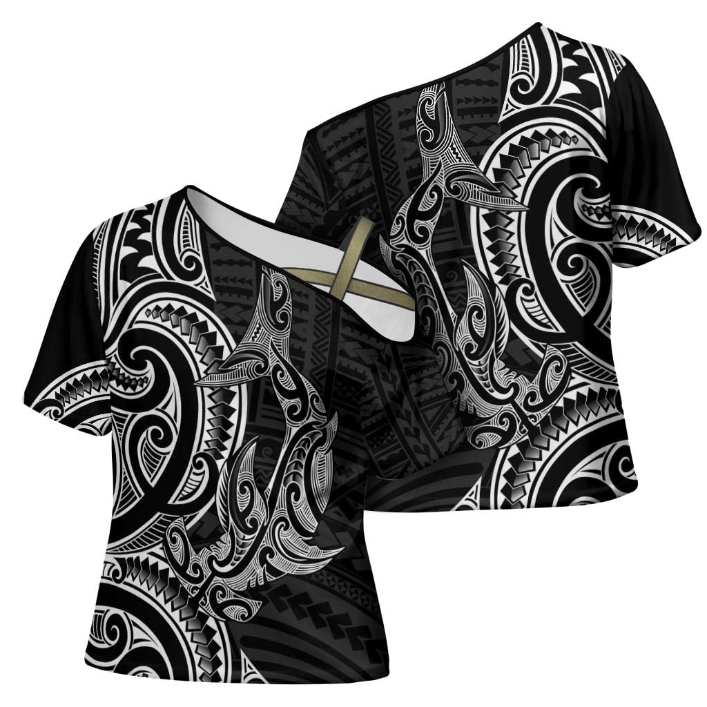 New Zealand Hammerhead Shark Cross Shoulder Shirt Maori Haehae Mangopare Black - Vibe Hoodie