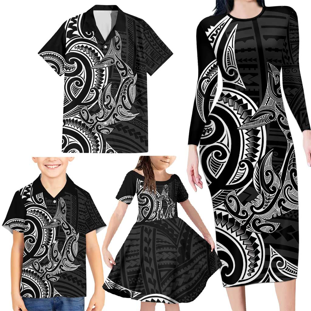 New Zealand Hammerhead Shark Family Matching Long Sleeve Bodycon Dress and Hawaiian Shirt Maori Haehae Mangopare Black - Vibe Hoodie