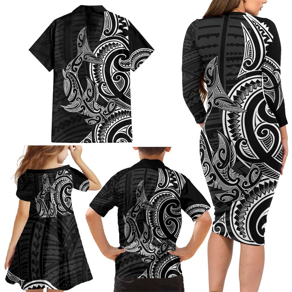 New Zealand Hammerhead Shark Family Matching Long Sleeve Bodycon Dress and Hawaiian Shirt Maori Haehae Mangopare Black - Vibe Hoodie
