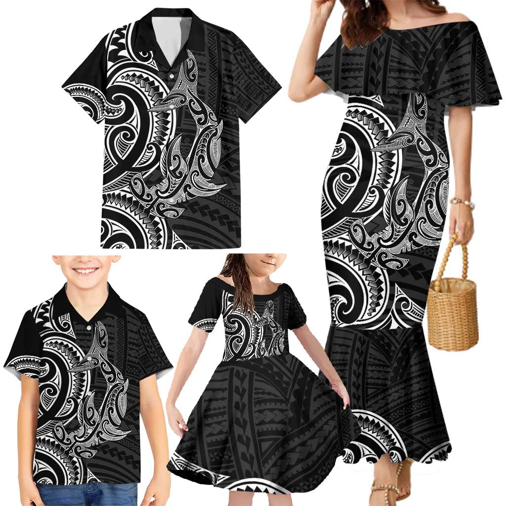 New Zealand Hammerhead Shark Family Matching Mermaid Dress and Hawaiian Shirt Maori Haehae Mangopare Black - Vibe Hoodie