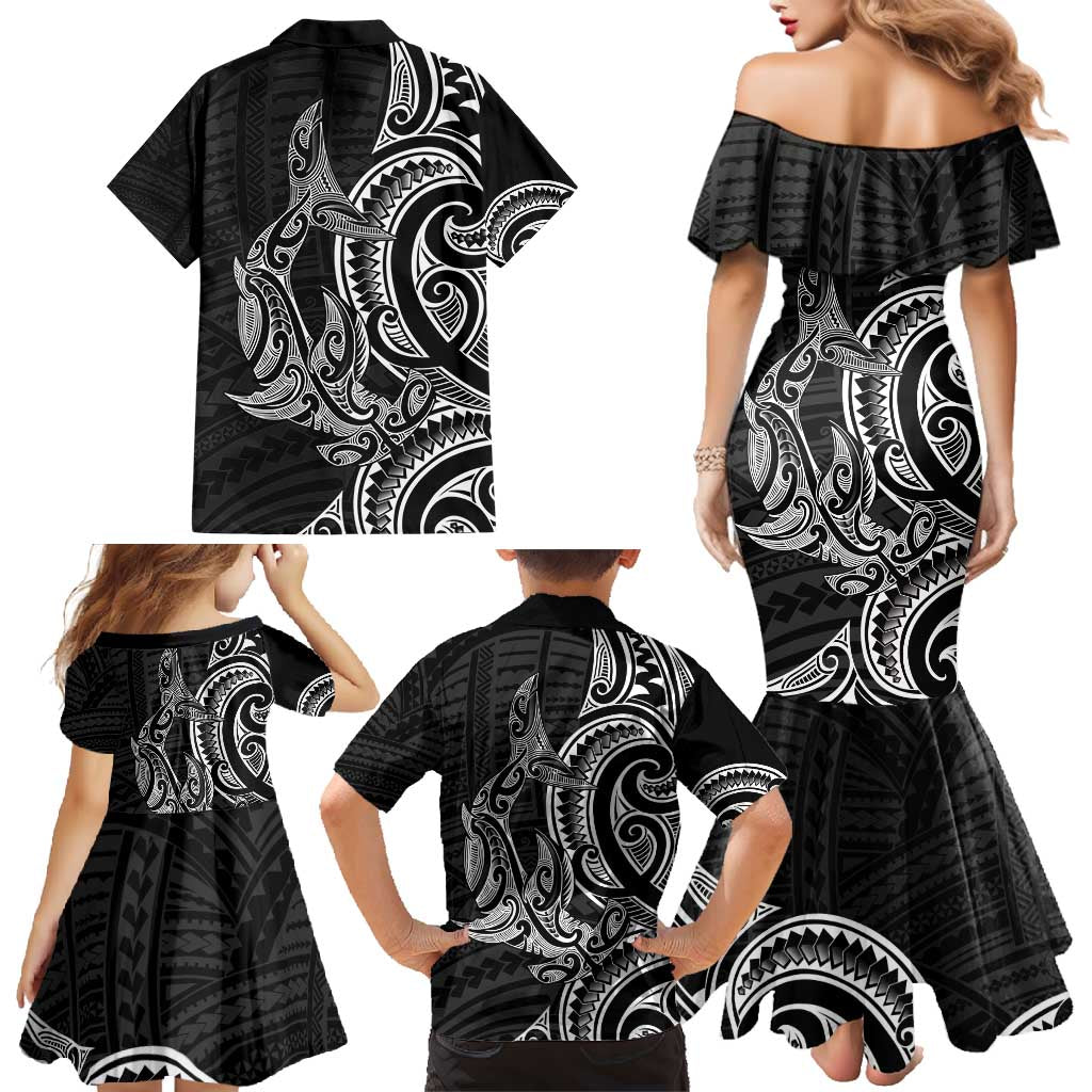 New Zealand Hammerhead Shark Family Matching Mermaid Dress and Hawaiian Shirt Maori Haehae Mangopare Black - Vibe Hoodie
