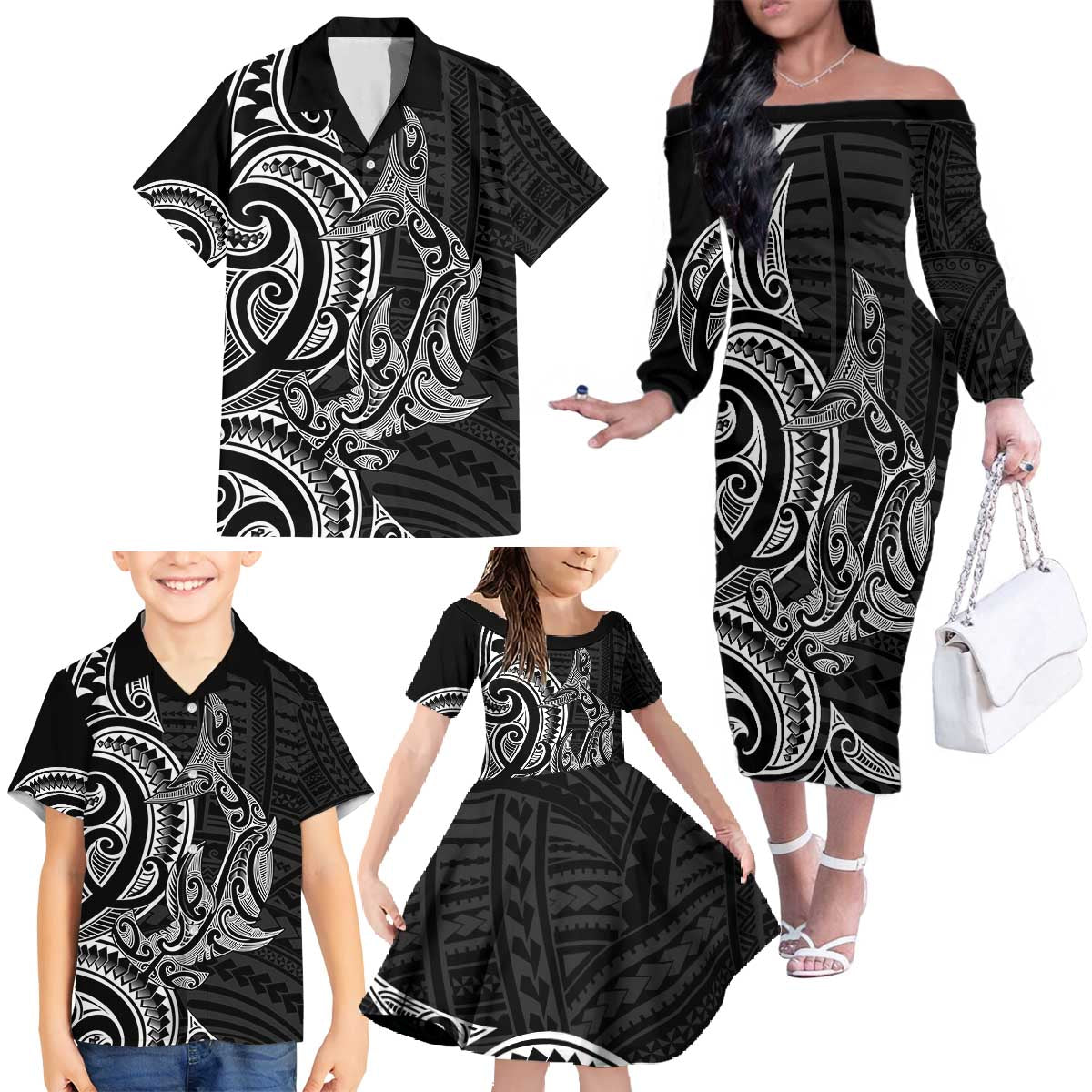 New Zealand Hammerhead Shark Family Matching Off The Shoulder Long Sleeve Dress and Hawaiian Shirt Maori Haehae Mangopare Black - Vibe Hoodie